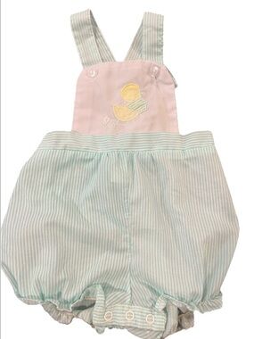 Vintage Baby Girls Striped Bubble Romper with Duck Embroidery